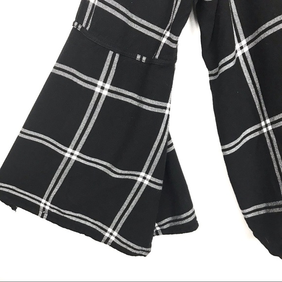 LOFT Floral Embroidered Tie Bell Sleeve Plaid Top M - Picture 5 of 9